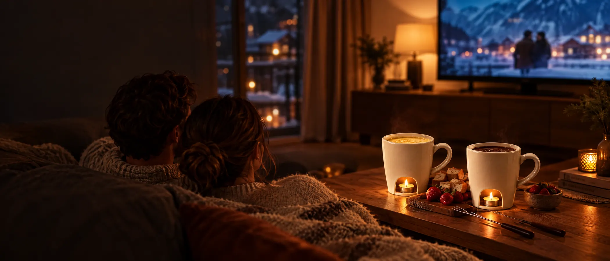 Paar auf dem Sofa, vor ihnen zwei FONDULI-Tassen mit Chäs und Schoggi bei Kerzenlicht