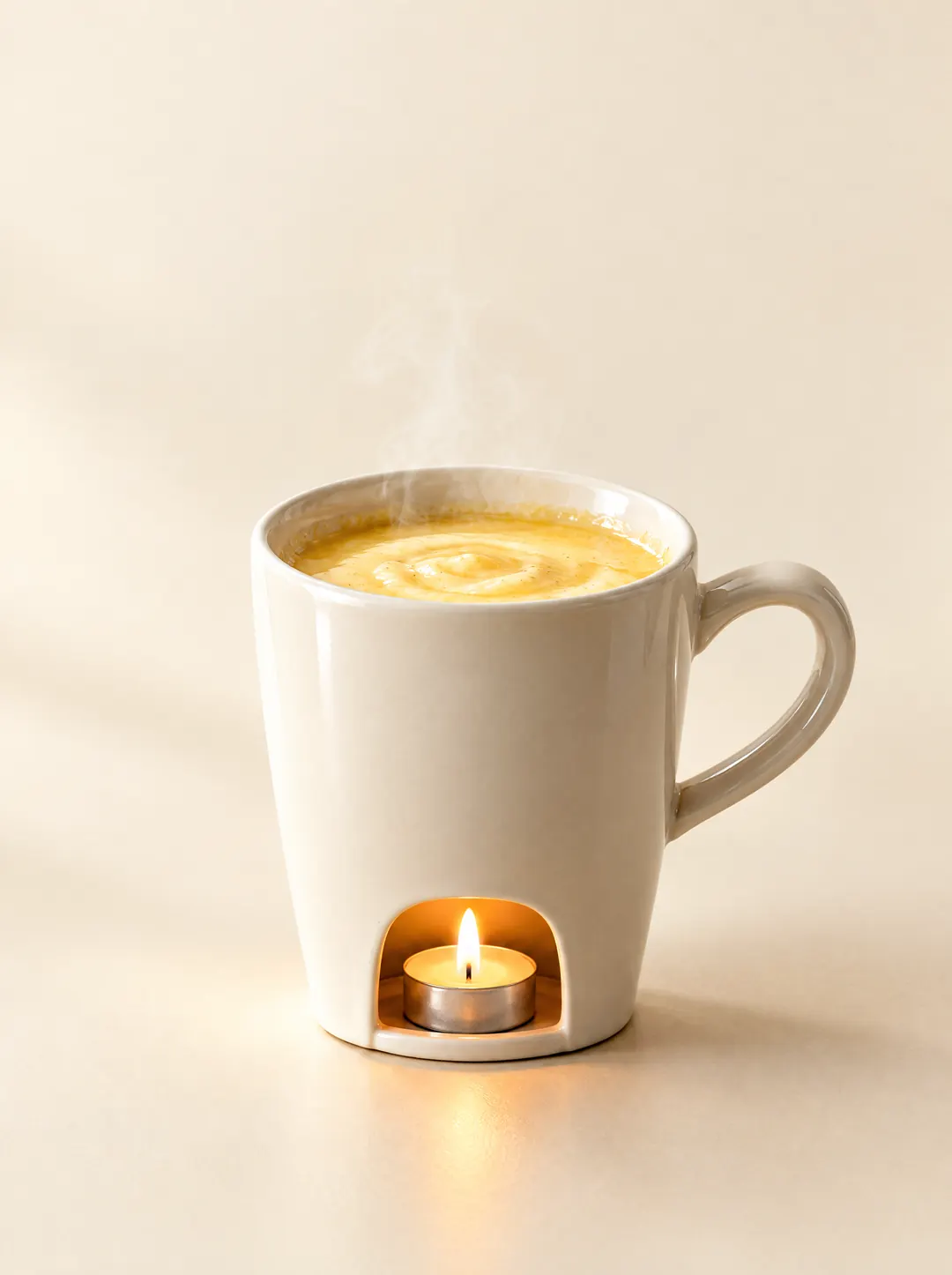 FONDULI-Tasse mit geschmolzenem Chäs, darunter brennt ein Teelicht